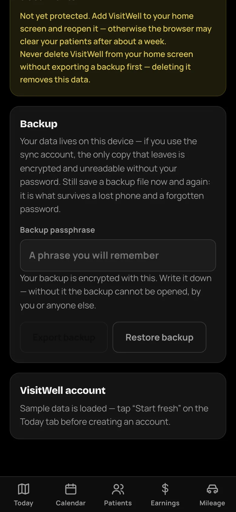 VisitWell’s Your Data screen: where records live, encrypted backups, and on-device restore points