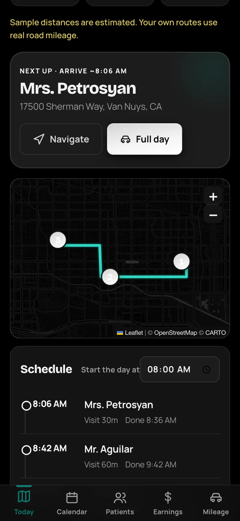 VisitWell’s next-up card with Navigate, Call and Text actions, above the day’s route map