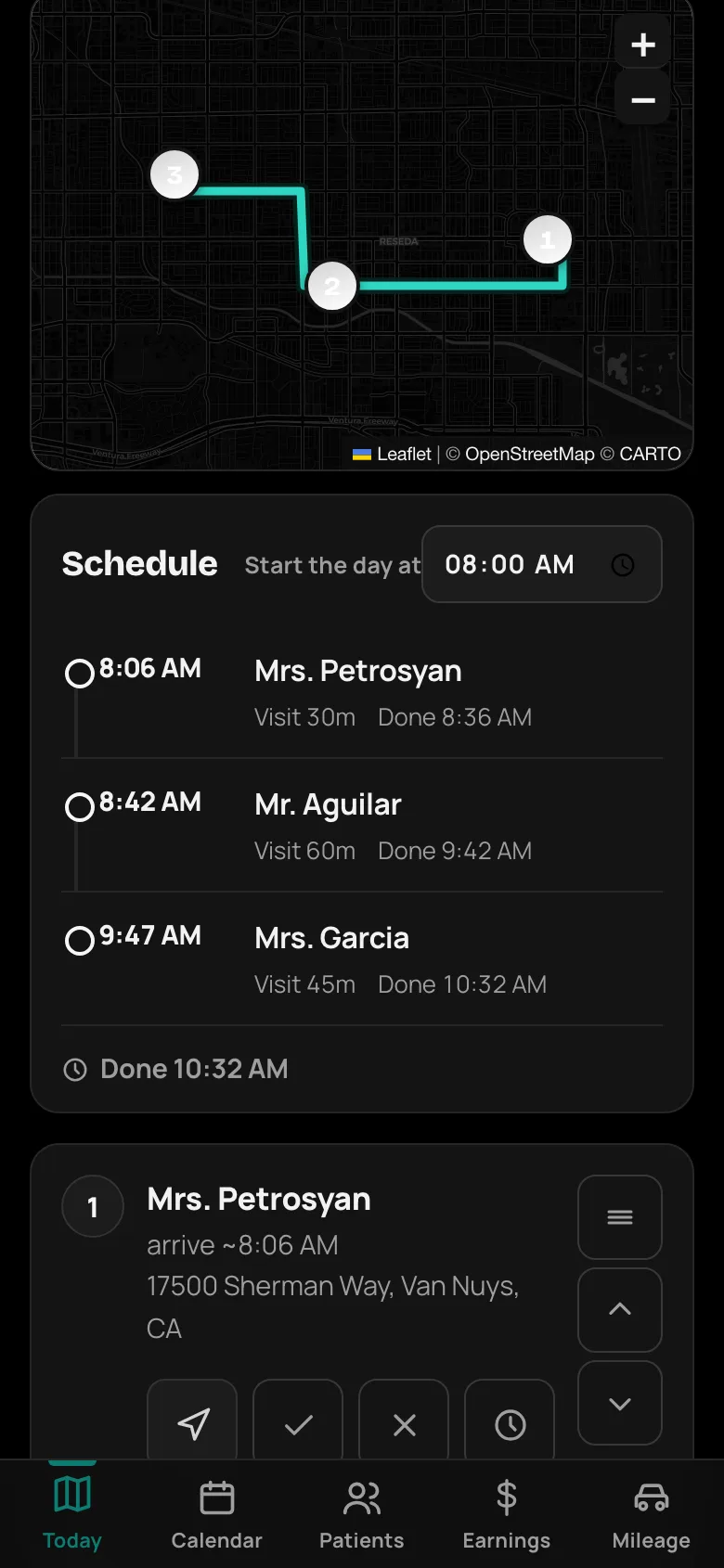 VisitWell’s Today screen: the day’s route drawn on a map with numbered stops and the schedule beneath it