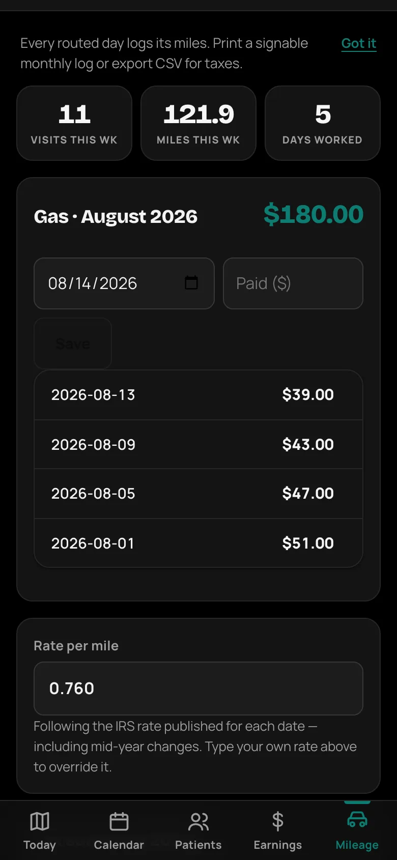 VisitWell mileage screen with weekly totals, the tax summary, and the month-by-month deduction log